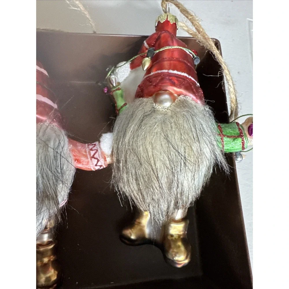 POTTERY BARN - New Mercury Glass GNOME Ornament w/ Faux Fur Beard - Set Of 5